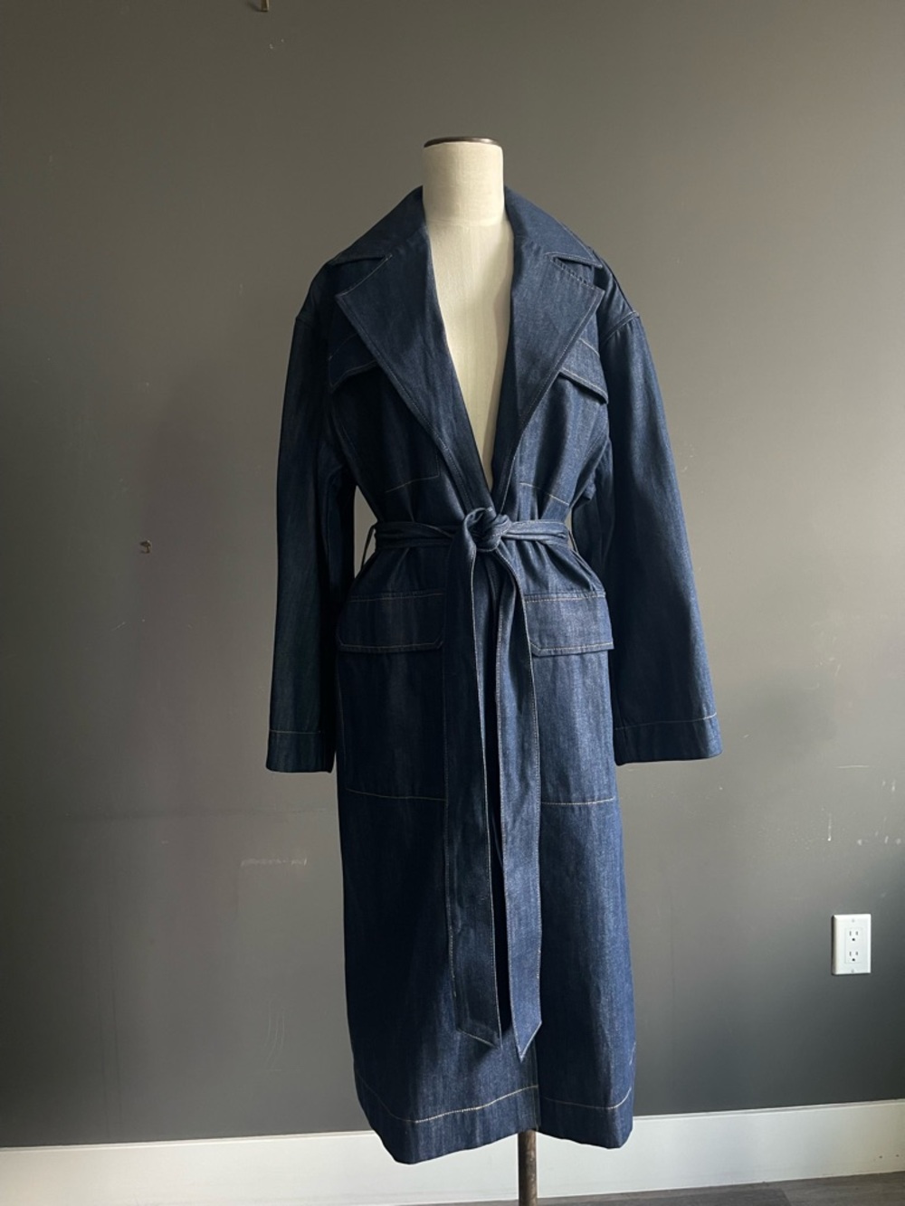 Denim Trench Coat Belted Minimalist Dark Wash Oversized Chic Parisian Streetwear